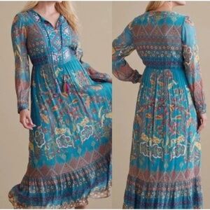 Soft Surroundings Mirapani Maxi Dress in Teal with Embroidery